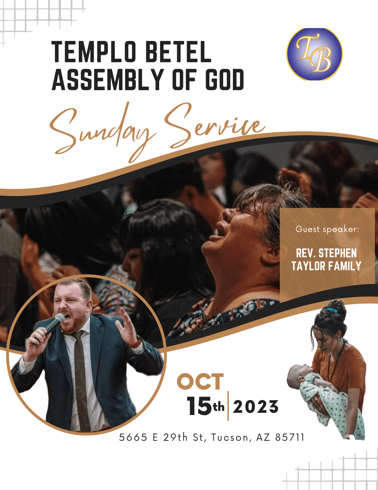 Flyer for Templo Betel Assembly of God's Sunday service on October 15th, 2023.