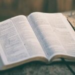 Open Bible on rock outdoors